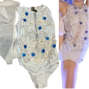 Glamour dance costume leotard white blue embellished rhinestone lace child XLC